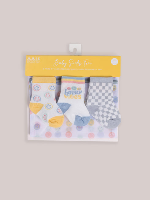 baby-socks-trio-happy-baby-vibes jujube bags at sophiasstyle.com